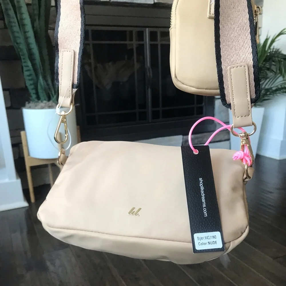 Beige Crossbody Bag with Detachable Patterned Strap